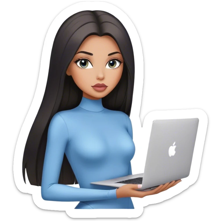 Glamours, tanned, very beautiful girl, with big pump peach-beige-rose lips, black straight smooth silky long hair, straight parting, blue-grey eyes, in bodysuit holding MacBook sticker