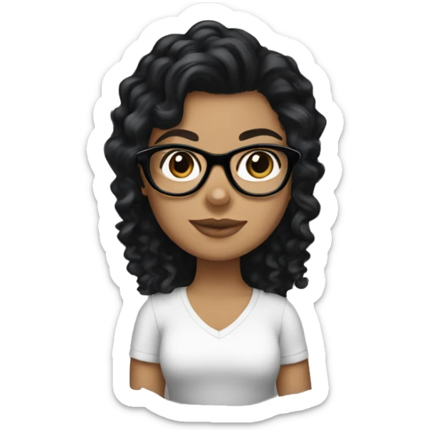 A White girl with curly medium length black hair and glasses holding a Yorkie  sticker
