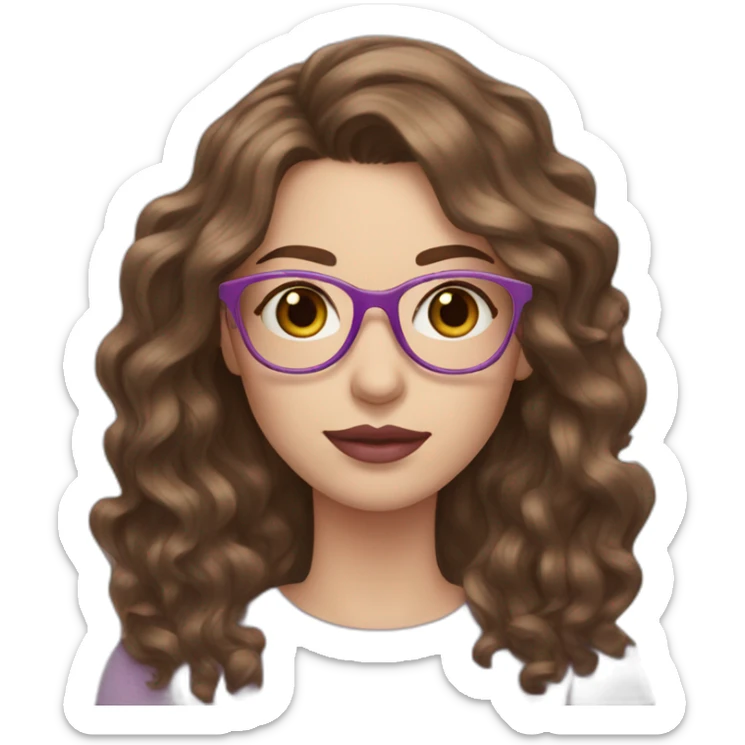 women with wavy brown hair, pink lips, pale skin, light purple glasses, hazel eyes sticker