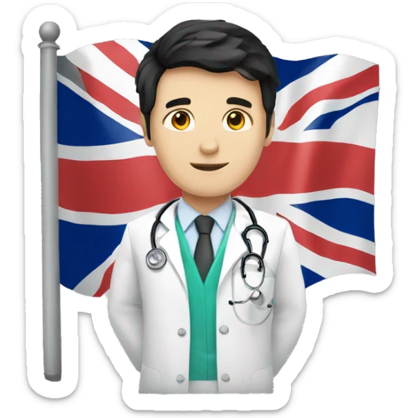 white male doctor with black hair holding the united kingdom flag sticker