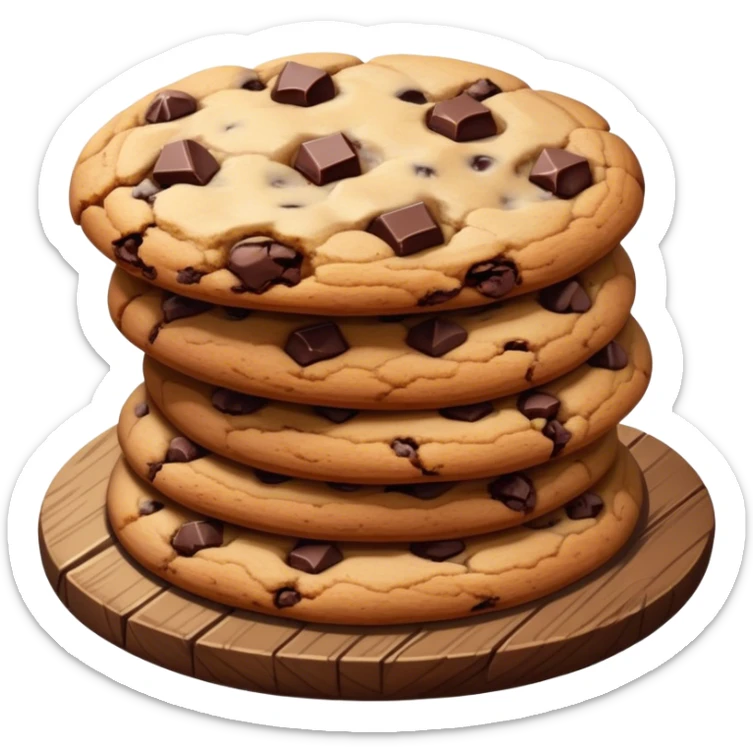 Cinematic crunchy chocolate chip cookies, freshly baked, golden-brown with gooey melted chocolate chunks, stacked on a rustic wooden plate, soft warm lighting, cozy and delicious. sticker