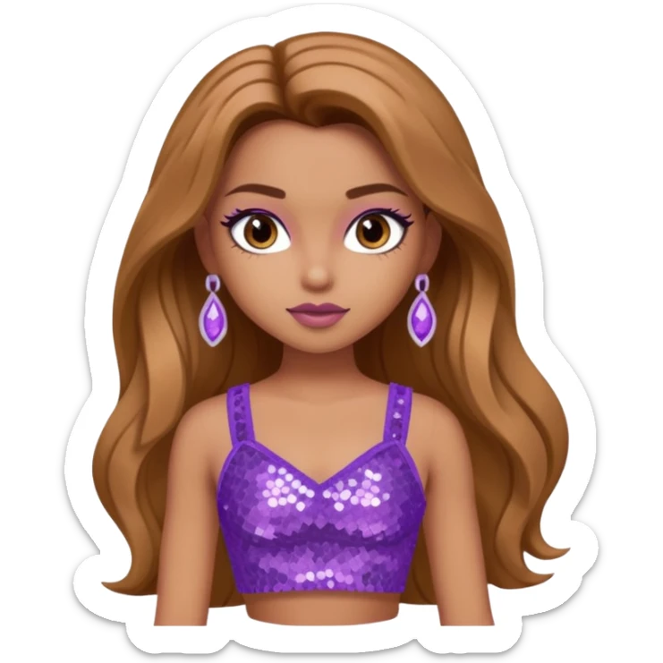 Yasmin from Bratz with long light brown hair, tan skin, brown eyes, lilac sequin crop top sticker