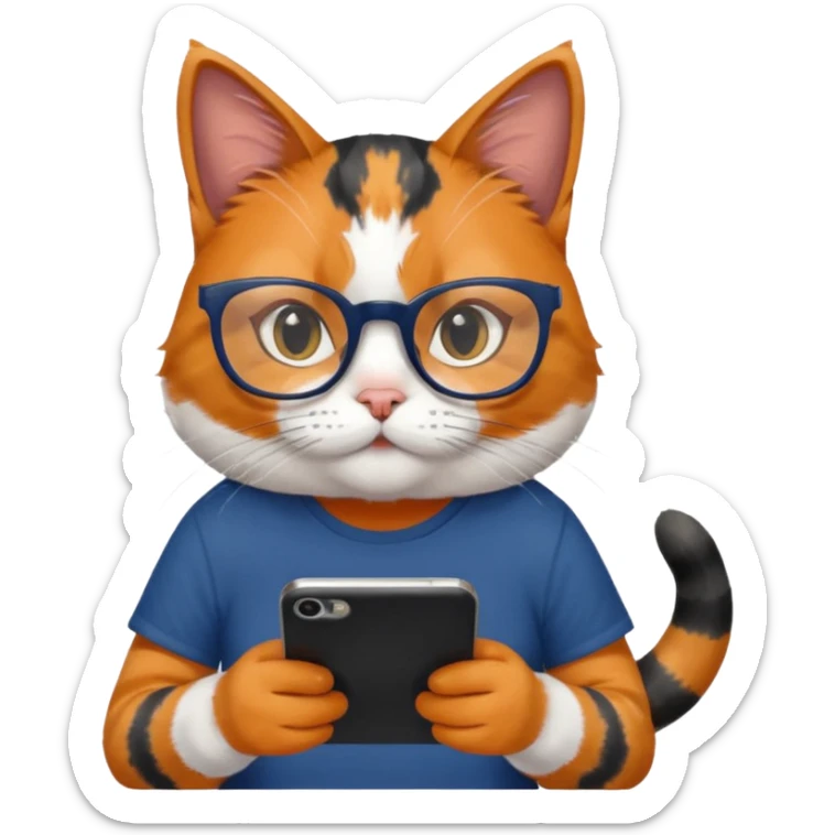 un gato de tres colores naranja, negro y blanco con gafas de leer con un celular en manos leyendo comentarios y que tenga una remera color azul oscuro que diga UOM sticker