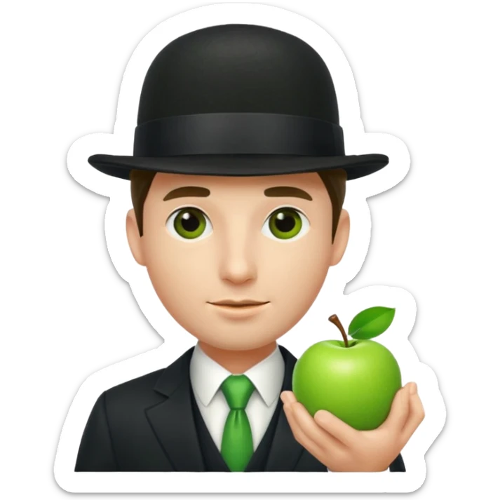 homme en costume chapeu melon aven avec une pomme verte qui cache son visage  sticker