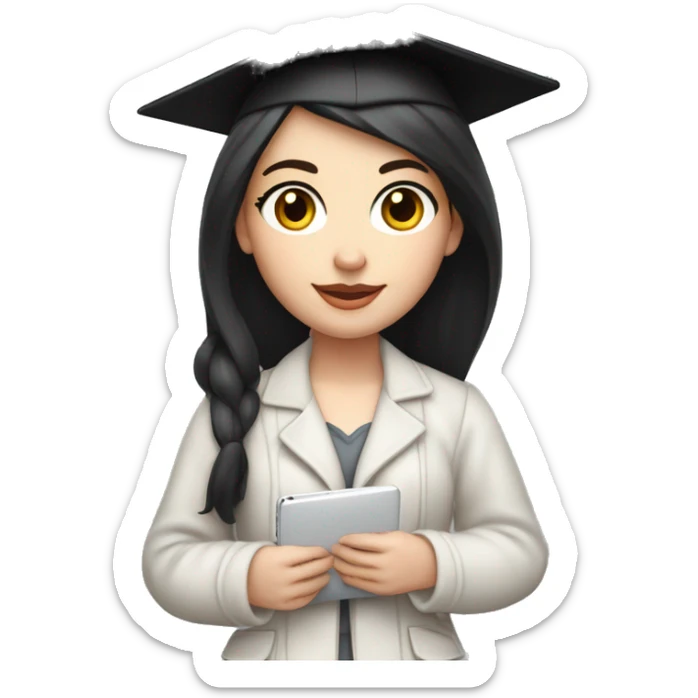 pale skin girl graduate student with middle length black hair,wearing graduate black cap, gray eyes, White classical jacket, blouse, Gray skirt holding a Macbook in the hands sticker