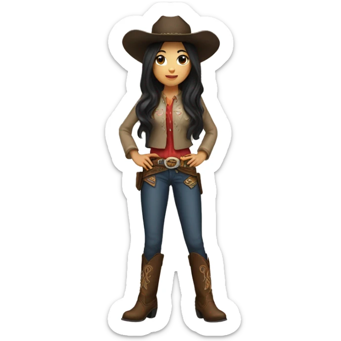 Asian girl with long dark hair wearing western attire and cowboy boots  sticker