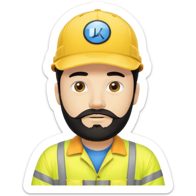 Man in yellow hi vis overalls, with black hair and full beard, wearing blue baseball cap saying UKPN sticker