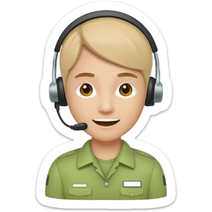 A modern flat emoji depicting a call center employee wearing a light green uniform and headset, with a friendly expression, a minimalist design, bright colors, and a white or transparent background. sticker