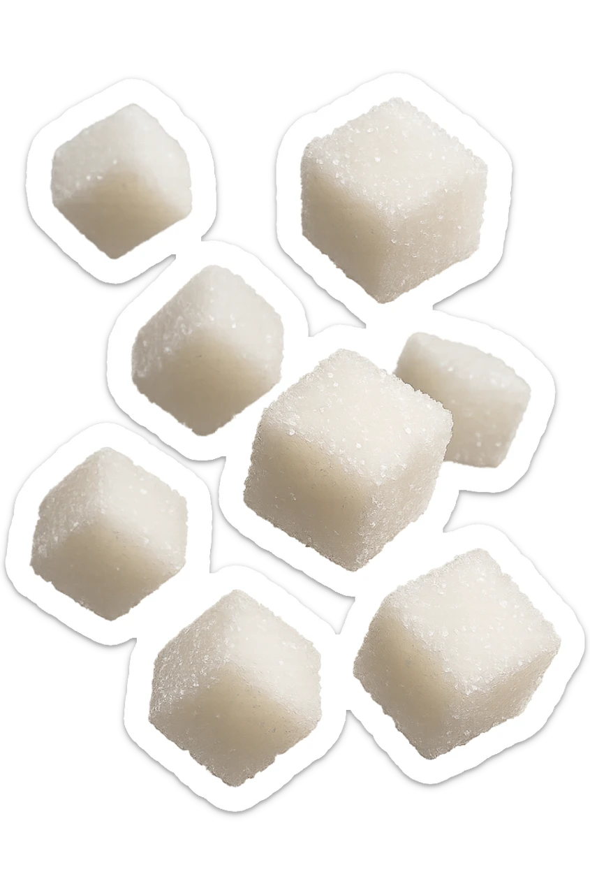 zollette di zucchero fluttuano in aria, iperrealistica 4k, isolato su sfondo bianco sticker