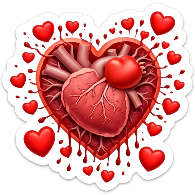Glowing pieces of red meat and liver floating around a bright red heart and shining blood cells. Red energy streams connect the meats to the blood and heart, showing how heme iron creates vitality and supports circulation throughout the body. sticker
