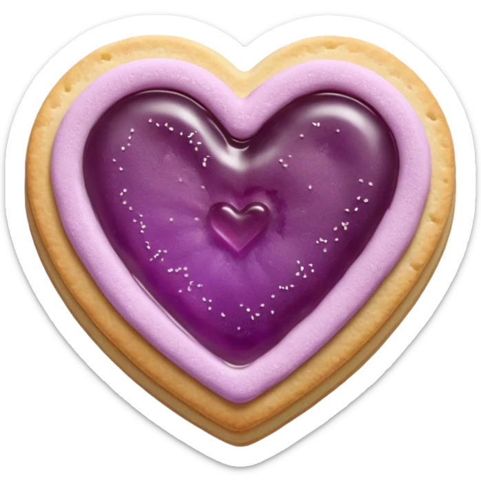 Realistic shortbread cookie in the shape of a heart with mauve jelly middle filling and sprinkled powder sugar on top. sticker