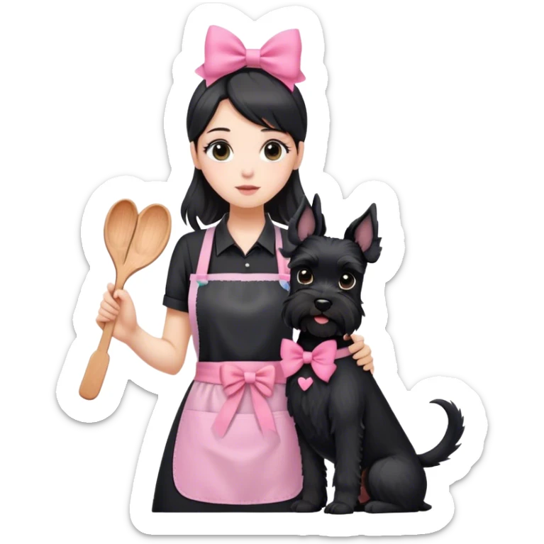 pale girl with long back hair wearing black long shirt wearing apron holding black  schnauzer with pink bow sticker