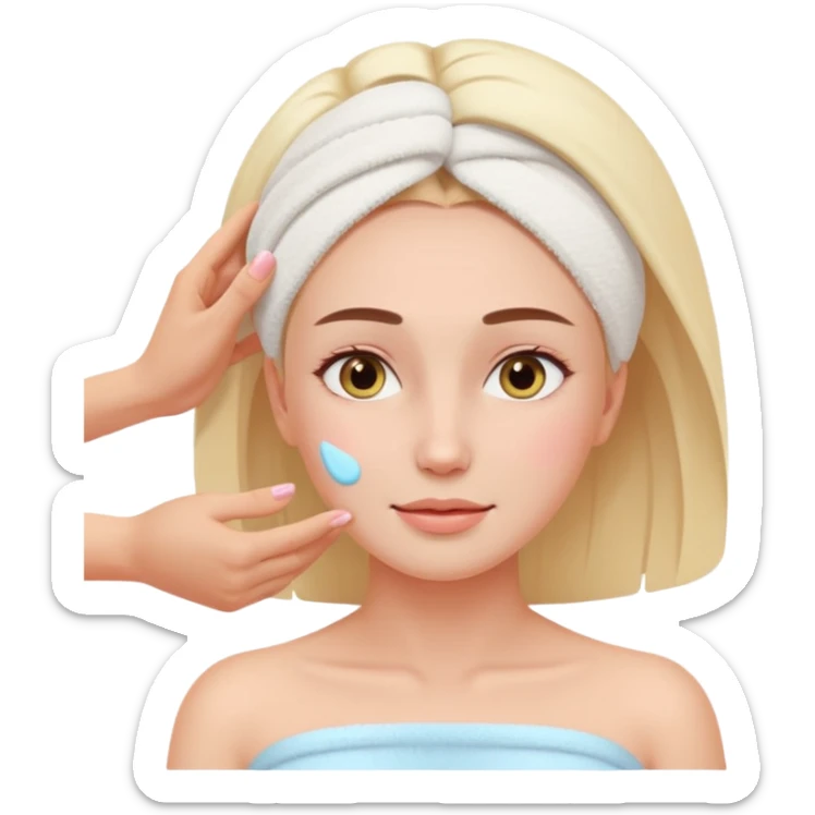 woman receiving gentle facial massage, calm expression, pastel colors, spa atmosphere, emoji style sticker