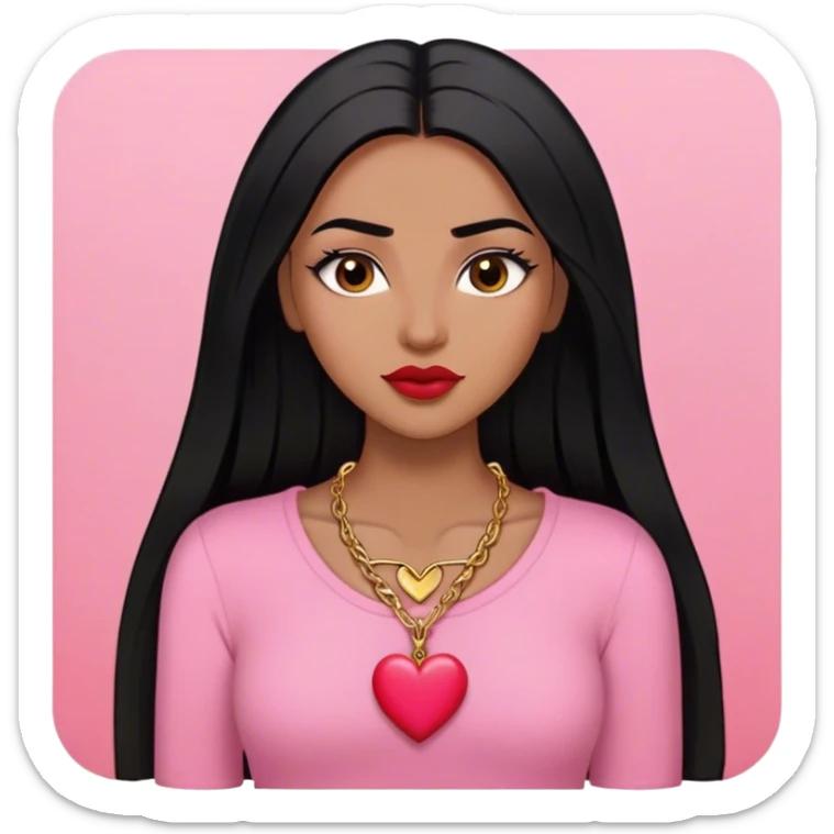 Woman,Medium brown skin,super long black straight hair, medium brown arched eyebrows, full lashes, red nude lips, small gold heart necklace , pink shirt sticker