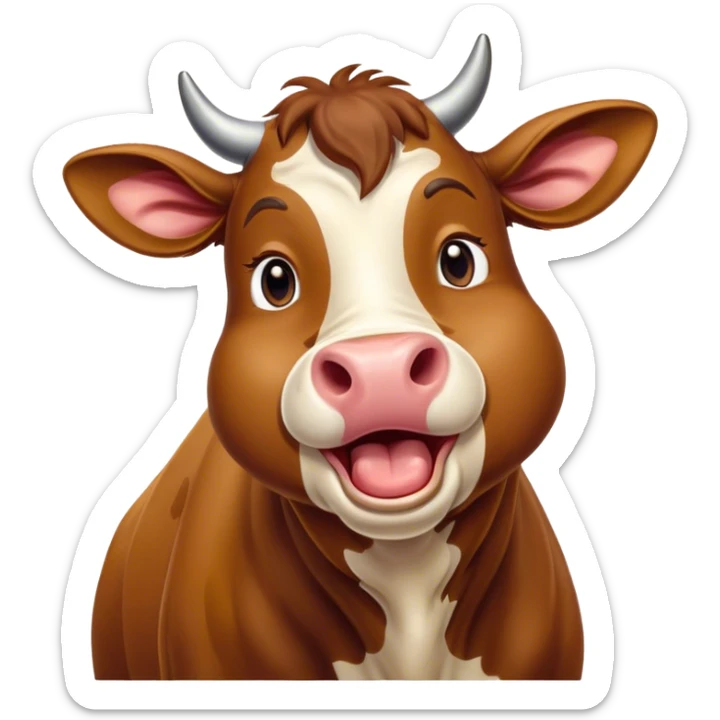 Cinematic Cute Yawning Brown Cow Portrait Emoji, Head tilted slightly with a dramatic, wide-open yawn, showcasing a smooth, rich brown hide with a subtle shine, floppy ears slightly drooping, round brown eyes barely open in drowsy contentment, Simplified yet irresistibly adorable features, highly detailed, glowing with a soft, cozy glow, high shine, relaxed yet expressive, stylized with a touch of pastoral whimsy, bright and endearing, soft glowing outline, capturing the essence of a sleepy yet affectionate cow, so drowsy it feels like it could amble right out of the screen and curl up for a nap! sticker