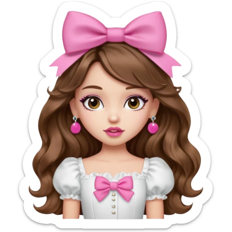 generate a pretty bratz girl in a white puff sleeve top. Pink lipgloss. Brown wavy hair long. Bow pink earrings sticker