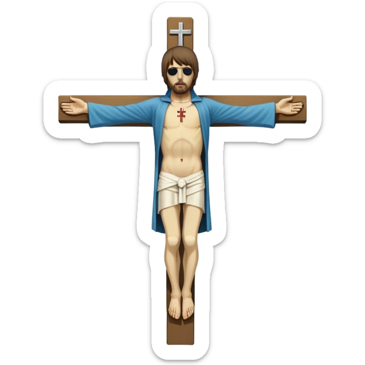 Crucified Liam Gallagher in the style of Jesus full body on cross in mid clothing sticker