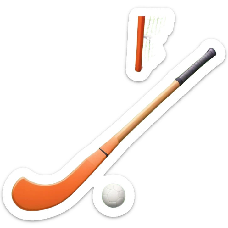 A field hockey stick and ball on a vibrant green grass field, with goalposts and clear field markings in the background. The scene emphasizes the bright, lush grass, highlighting the fast-paced and strategic nature of hockey on a well-maintained pitch. sticker