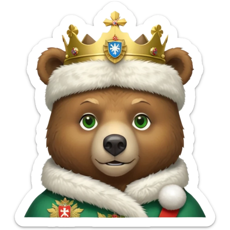 Just the head of a cute brown bear with green eyes, wearing white fur ushanka hat with highly detailed realistic Russian Federation coat of arms, showing double-headed eagle with crowns, scepter, orb and St. George shield, iOS emoji style sticker