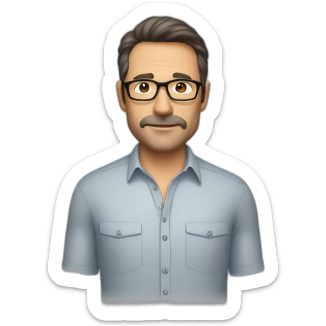 Handsome 50 year old man with dark brown hair, stubble and brown glasses. No facial hair. Wearing a shirt sticker