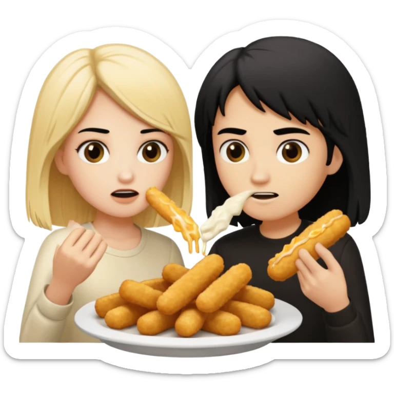 Aurore is blond and Enzo had mid-long black hair are fighting about mozzarella sticks sticker