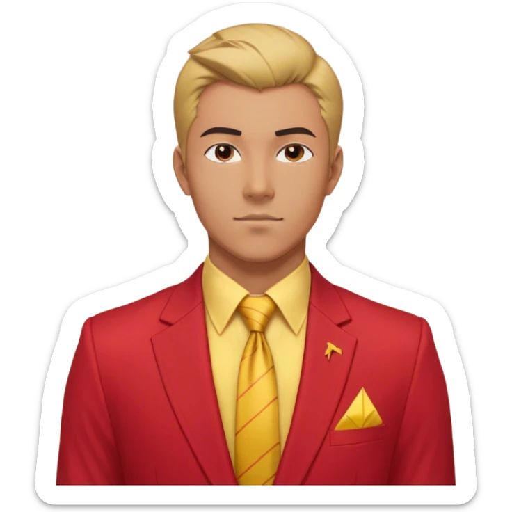 "A bust of a professional man dressed in a red and yellow business suit, symbolizing career opportunities and success. He has a confident expression, short well-groomed hair, and a sharp, determined look. The suit consists of a red blazer with yellow accents, a neatly buttoned yellow dress shirt, and a red tie. A bright upward arrow (📈) is positioned beside him, representing career growth. The man’s bust is stylized with clean lines, focusing on his upper torso and face. The background is plain white, maintaining a professional and modern business-themed design. sticker