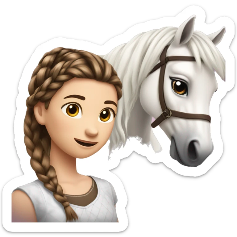 Two girls, one brunette and one a bit lighter are braiding a white horses hair. The faces of the girls are not seen. Show the braids of the horse sticker