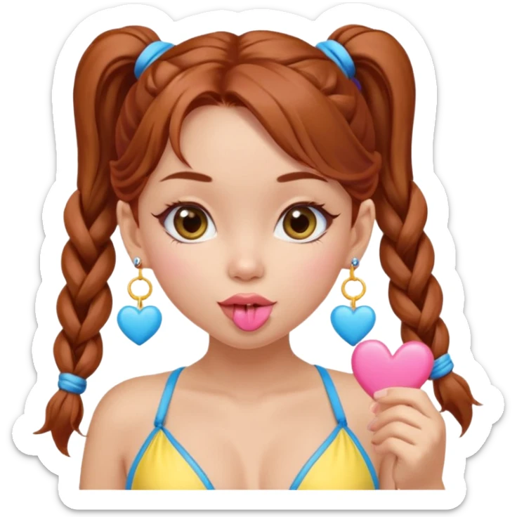 A cute ukrainian girl, looks slightly malaisain with full lips and long auburn hair in two plaited ponytails, has heart earrings in yellow and blue, and is wearing her pink bikini, she is blowing a kiss. sticker