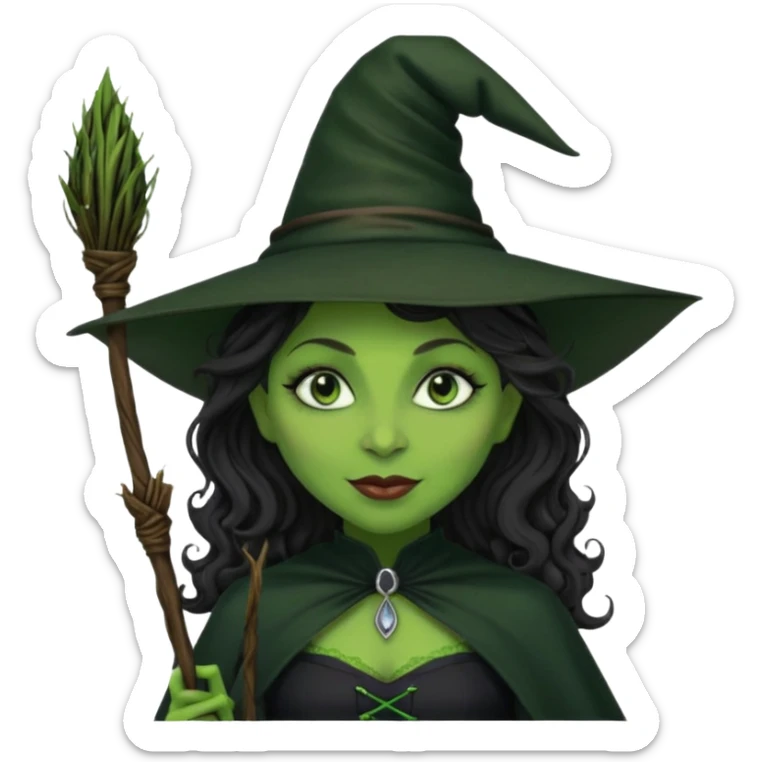 elphaba the wicked witch from wicked movie (cynthia erivo) dark long curly hair, thick lips, wide nose, green skins, witch hat, witch broom, evil, wicked musical film, smirk sticker