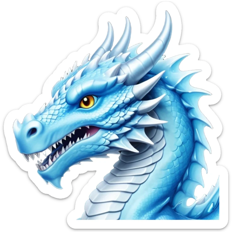 Cinematic Noble Fierce Ice Dragon Portrait Emoji, Poised and imposing, distinct long elegant snout, with a slender, scaled body shimmering in glacial hues of icy blue, frostbitten silver, and crystalline white, breathing out frost, with piercing, glowing eyes that radiate the chilling depths of an arctic storm; rendered in detail. sticker