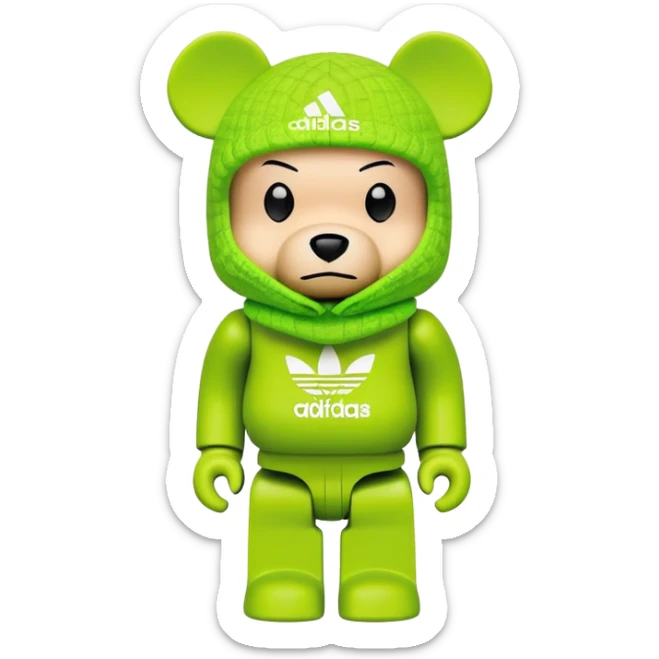 bearbrick toy with cubic design, wearing a lime green balaclava with Adidas trefoil logo, clear aggressive eyebrows, proper bear figure sticker
