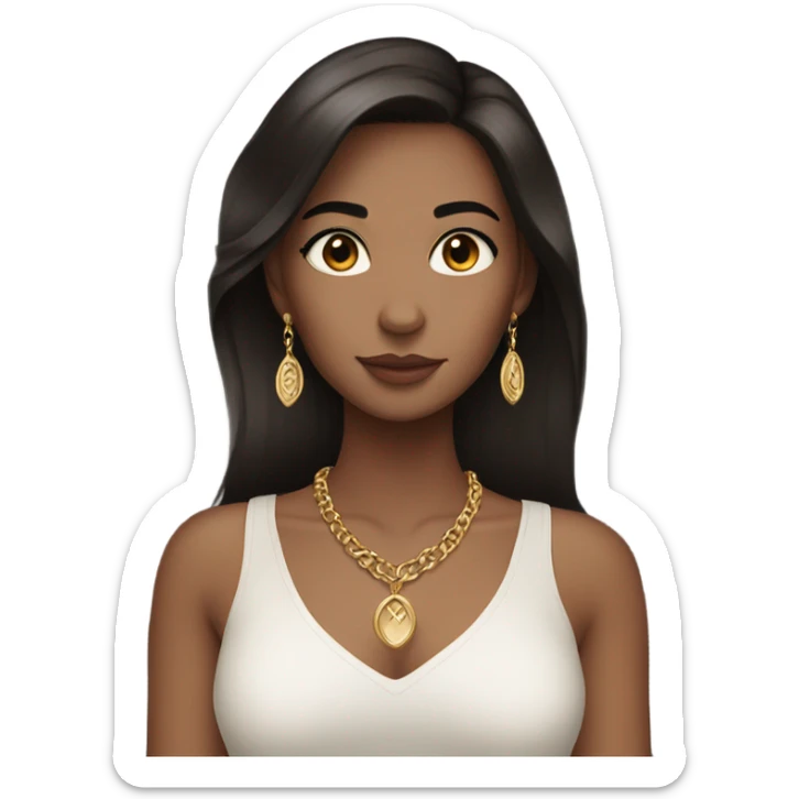 girl with dark brown hair, brown eyes, eyeliner and long eyelashes, and a gold necklace sticker