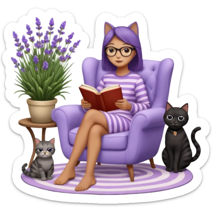 moji illustration, full body woman reading a book on a cozy armchair in a lavender garden, two separate cats next to her (one solid black cat, one brown tabby cat with stripes), small side table with coffee mug, soft peaceful vibe sticker