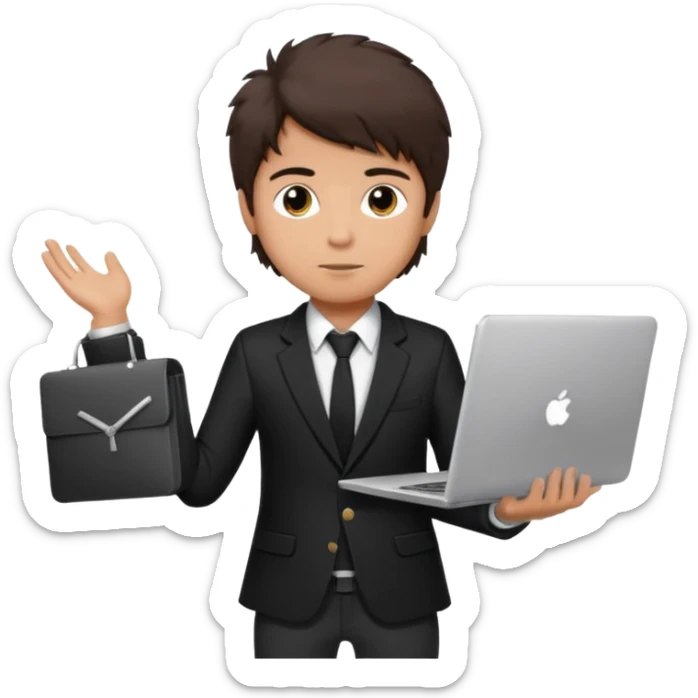 a tan boy with messy dark brown hair. Wearing a blazer and carrying a lapotop. watch on wrist sticker