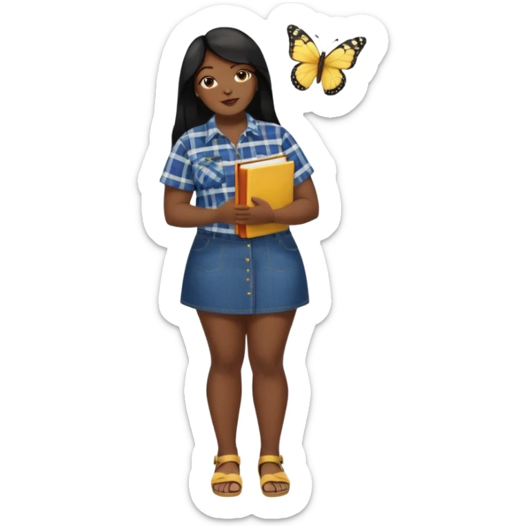 A plus-size Black woman is wearing makeup. She has long, straight black hair and is wearing a short-sleeved flannel shirt with a yellow butterfly print, a denim miniskirt, and sandals. She is standing and holding a book in one hand while extending her forearm upward with the other. sticker