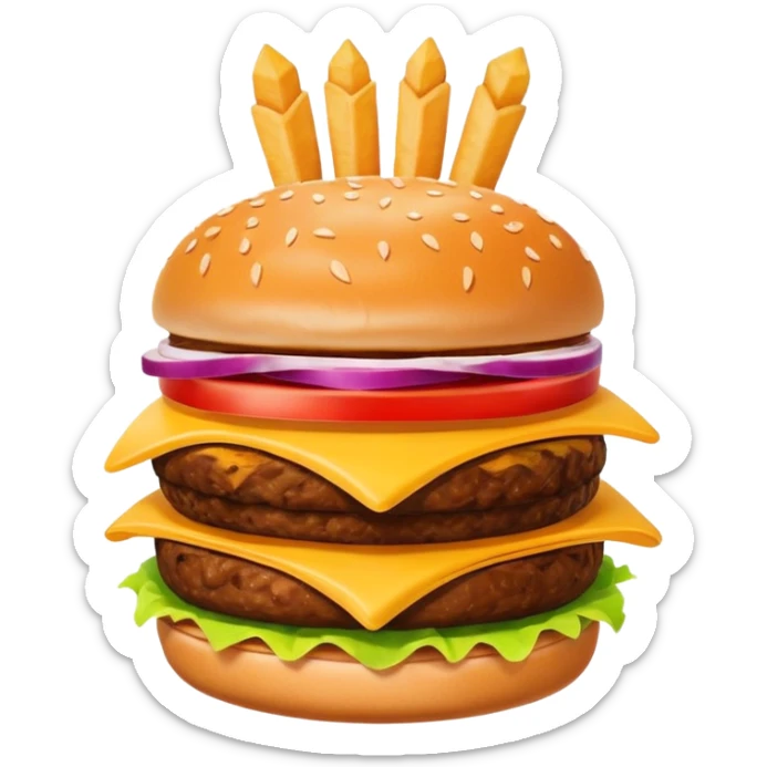 A clean and simple icon of fast food in emoji-style illustration. A burger with fries, nuggets and shawarma, bright and bold colors, simple shapes, flat design, high contrast, inviting and appetizing. sticker