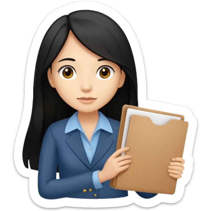 a light tan woman with long black hair past mid-back, round brown eyes and manila folder in her hands sticker