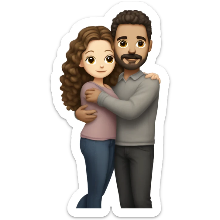 White girl with dark lash line and highlights in her hair, hugging a white guy with short dark brown curly hair and a mustache and face beard trimmed  sticker