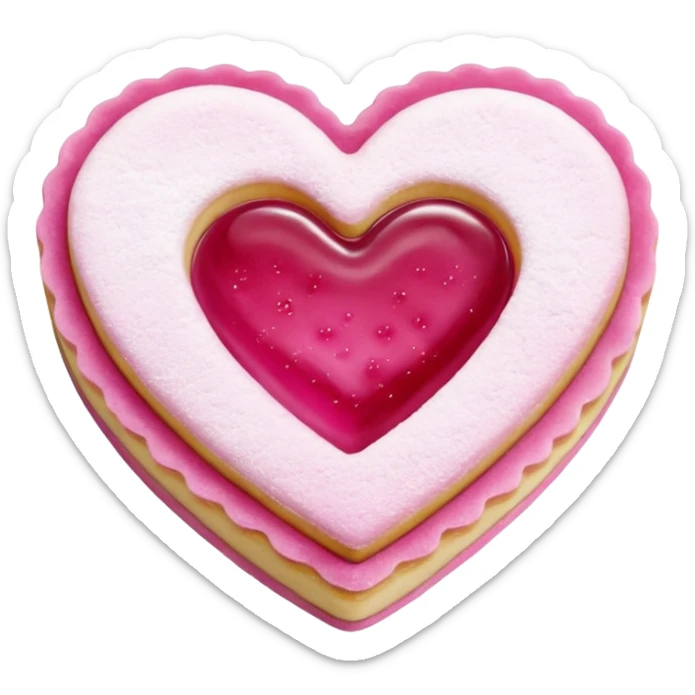 Realistic shortbread cookie in the shape of a heart with pink jelly middle filling and sprinkled powder sugar on top. sticker