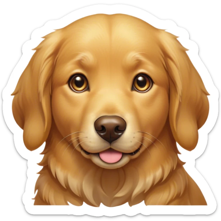 Cinematic Cute Golden Retriever Portrait Emoji, Head tilted playfully and inquisitively, showcasing a rich, glossy golden coat with a healthy sheen, round, sparkling brown eyes filled with curiosity, Simplified yet irresistibly adorable features, highly detailed, glowing with a warm, friendly glow, high shine, affectionate and lively, stylized with a touch of whimsy, bright and endearing, soft glowing outline, capturing the essence of a mischievous yet loving companion, so playful it feels like it could leap out of the screen and into your arms! sticker