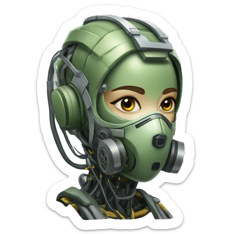 Olive green hair female cyborg head with respirator mask and circuits sticker