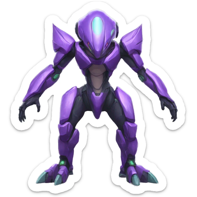 a purple-green Genesect-Raptor-Fakémon—hybrid with a futuristic visor-helmet full body sticker
