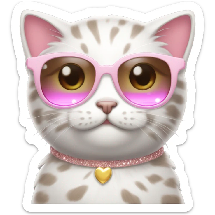 A cute cat, with brown/grey fur and a pink sunglass and cute nails in white sparkeles.  sticker