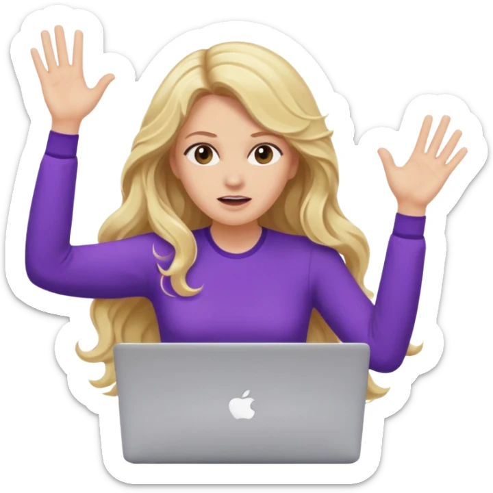 lady with long blonde wavy hair, purple top throwing her with a laptop hands in the air saying why sticker