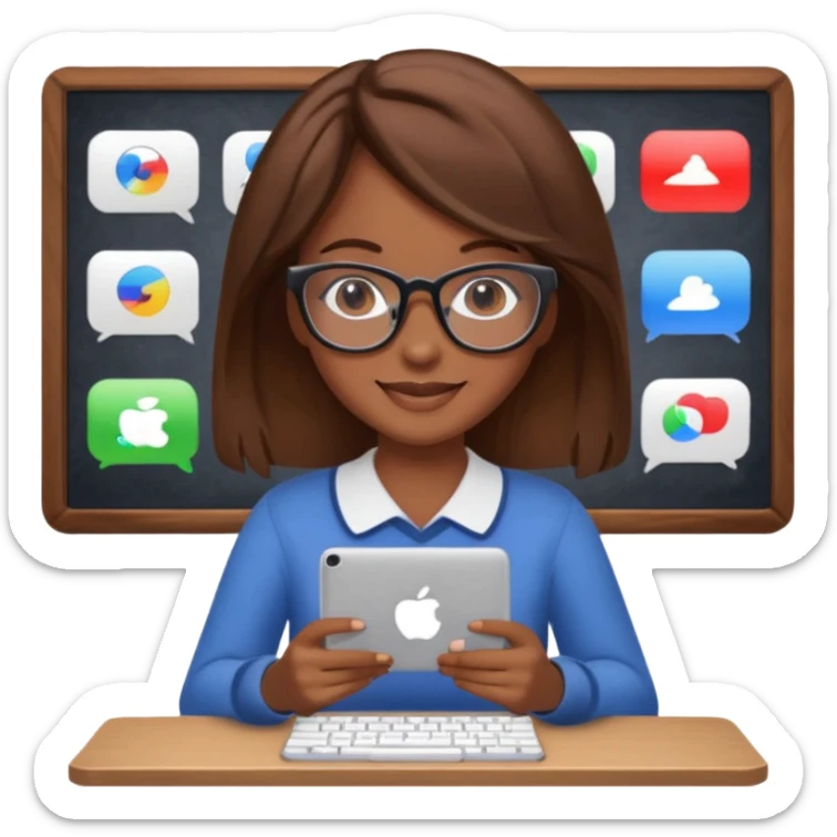 Make an emoji of a girl (no glasses) with brown hair who is teaching how to use iMessage to a class sticker
