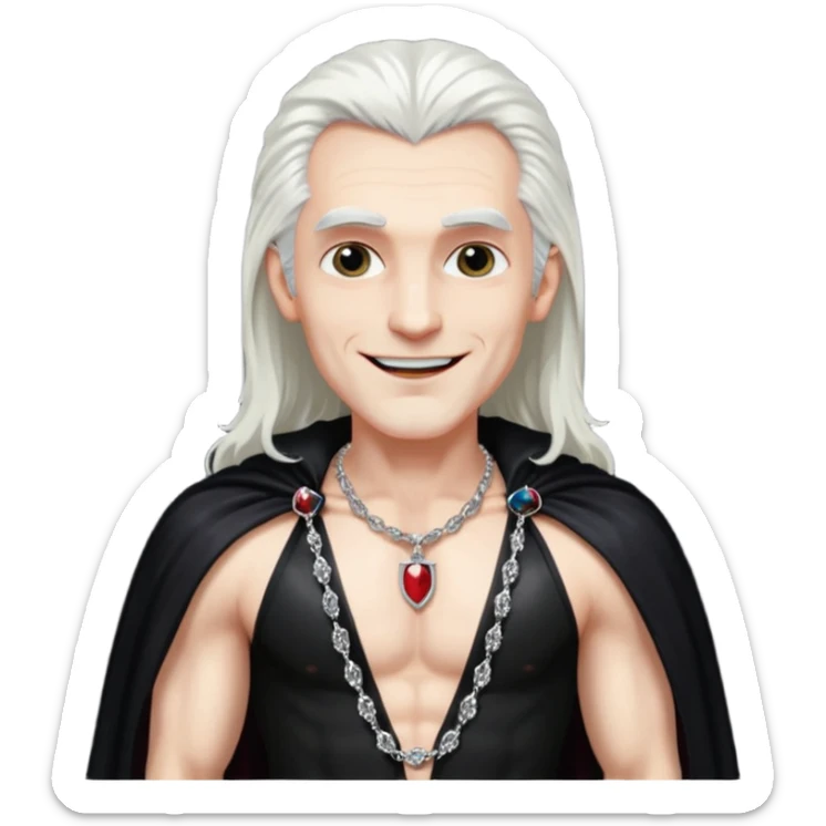 Dracula with long white hair, black sequin baggy pants, shirtless with necklace, black sequin cape sticker