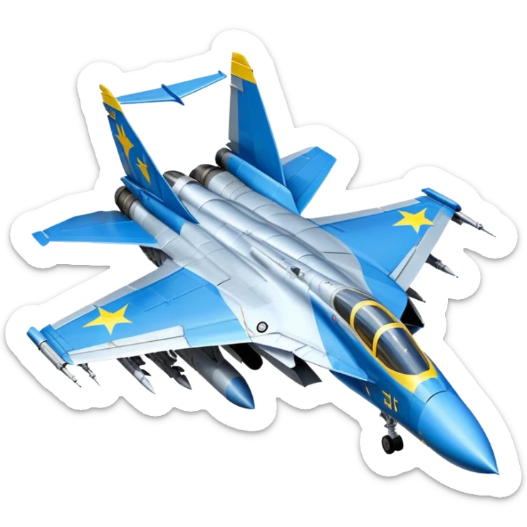MiG-29 fighter jet with Ukrainian blue and yellow markings, military aircraft sticker