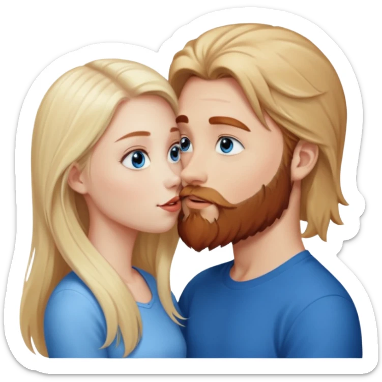 Long-pale-blonde hair, beautiful girl with blue eyes facing, kissing reddish-brown hair and beard boy blue eyed white guy sticker