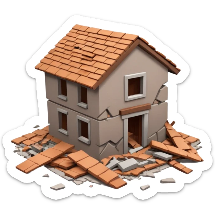 3D iPhone style emoji of a collapsed house, broken walls and roof pieces scattered, debris and ruins visible, isolated on white background, soft shadows, high detail, playful and cute. sticker