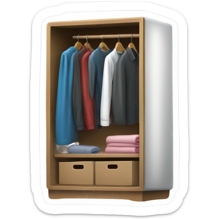 Design an emoji-style icon of an open wardrobe with clothes hanging inside. Include details like a wooden frame, hangers, and only black or white different clothing items such as shirts or any other clothing . Use a clean and minimalistic design. sticker